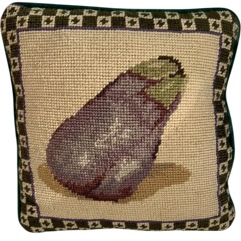 antique Needlepoint EGGPLANT purple tan Forest green velvet back accent pillow 9
